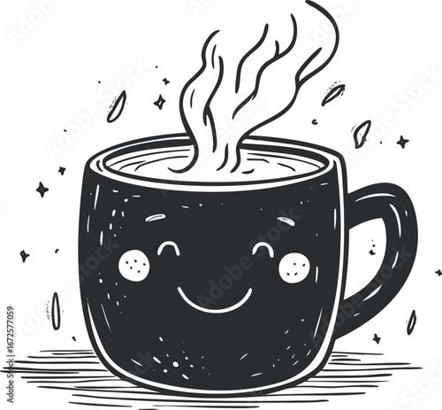 Hand-drawn black and white illustration of a smiling coffee cup with steam rising on white background