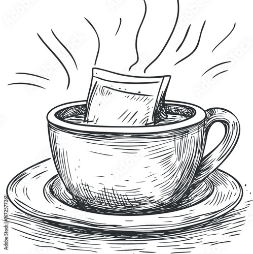 Hand drawn black and white illustration of a steaming teacup with a tea bag steeping inside on a saucer