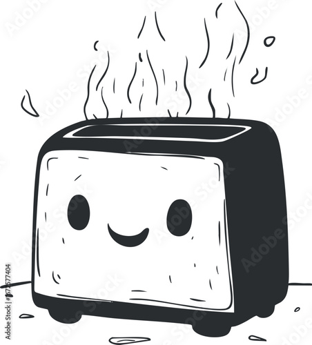 Black and white illustration of a cute smiling toaster emitting steam on a white background