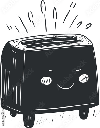 Cute cartoon style black and white illustration of a smiling toaster with heat lines above.