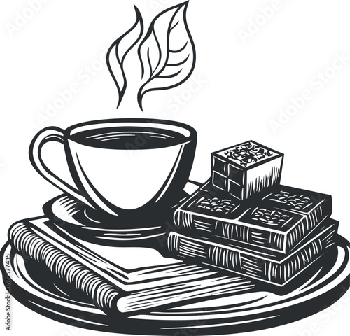 Black and white illustration of a steaming cup of coffee with chocolate bars on a plate with napkins