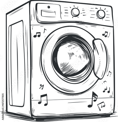 Black and white line drawing of a washing machine with musical notes around it representing laundry with music