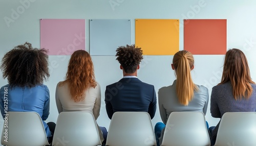 Group of Individuals Waiting Attentively in a Modern Workspace With Colored B...