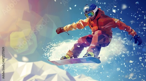 Dynamic Snowboarder Carving Through Fresh Powder on a Sunny Winter Day in Geometric Style