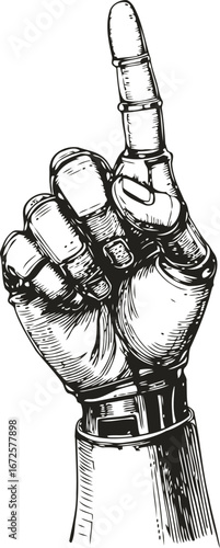 Detailed vintage engraving style vector sketch of the robotic hand with pointing finger gesture. Isolated on white, featuring mechanical joints and bolts, in a retro fantasy aesthetic.
