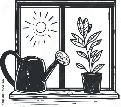 Black and white illustration of a watering can and potted plant on a windowsill with sun shining outside