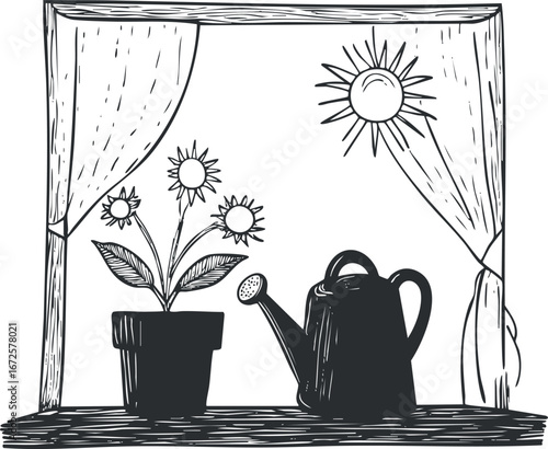 Black and white sketch of a flower pot and watering can on a windowsill with sunlight and curtains