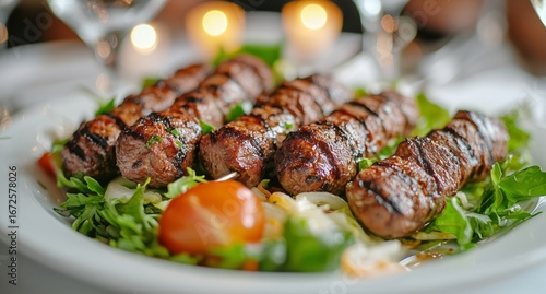 Grilled Skewers Served on a Fresh Salad With Vibrant Vegetables in a Cozy Din...