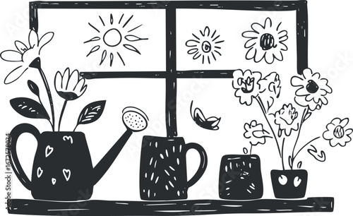 Black and white hand-drawn illustration of flowers, watering can, and mug on a windowsill with sun and butterfly outside.