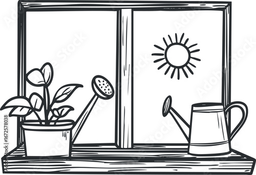 Black and white line art illustration of a watering can and potted plant on a windowsill with the sun outside.