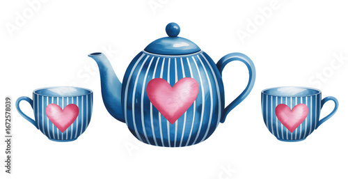 Watercolor illustration of blue striped porcelain teapot and cups with pink heart motifs, isolated on white background.
