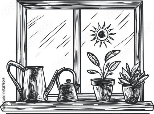 Black and white sketch of a windowsill with two potted plants, watering can, and sun outside