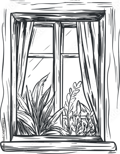 Black and white sketch of a window with curtains framing plants on the windowsill inside a room.