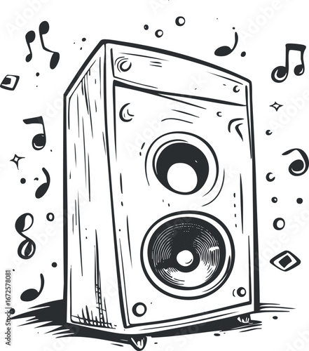 Black and white illustration of a speaker emitting music notes symbolizing sound and music entertainment
