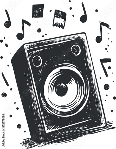 Black and white sketch illustration of a speaker emitting musical notes symbolizing music and sound