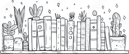 Black and white line drawing of a bookshelf with books and potted plants arranged neatly on a single shelf