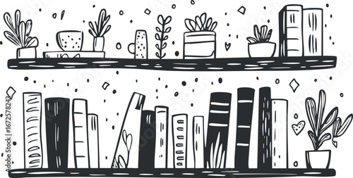 Black and white hand-drawn illustration of two shelves filled with books and potted plants in a cozy home setting.