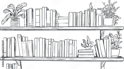 Black and white line art illustration of two wooden bookshelves filled with books and potted plants arranged for home or office study decoration.