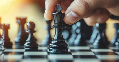 Hand Reaches for Black King Piece During Intense Chess Game at Sunset