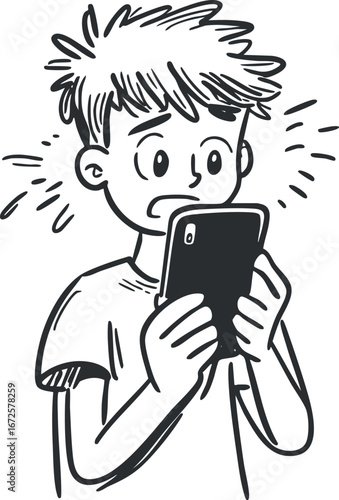 Illustration of a worried boy looking nervously at his smartphone screen with anxious expression.
