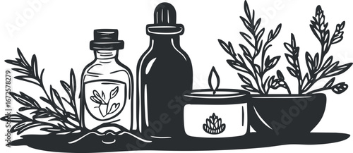 Black and white illustration of herbal bottles, a lit candle, and fresh plants for aromatherapy and wellness