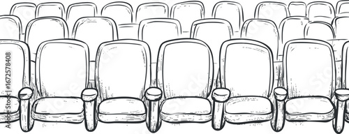 Hand-drawn black and white illustration of empty theater or cinema seats arranged in rows with armrests.