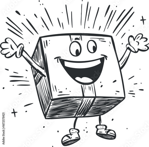 Black and white sketch of a happy smiling animated cube character with arms, legs, and expressive face