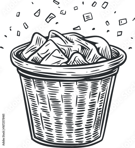 Black and white sketch illustration of an ice bucket filled with ice cubes for chilling drinks