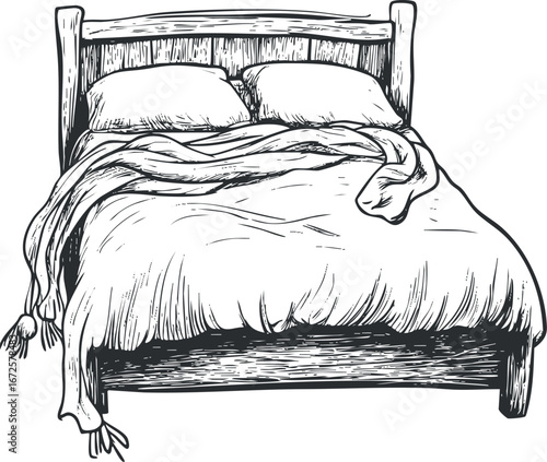 Hand-drawn black and white illustration of a wooden bed with pillows and a blanket draped over it