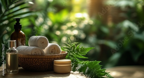 Relaxation Setup With Towels and Skincare Products in a Lush Natural Environment