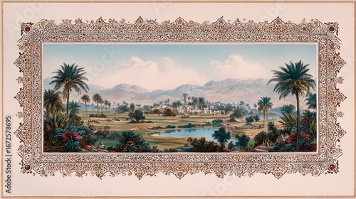 Oasis Valley Panorama — Palm Grove and Village, Ornate Arabesque Border, Engraving Watercolor