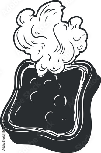 Black and white line art illustration of a container with hot boiling liquid producing steam and vapor