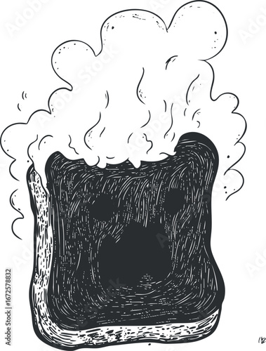 Illustration of a piece of burnt toast with smoke rising, showing charred bread texture.
