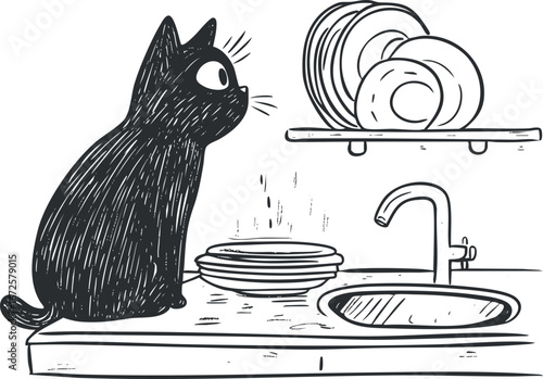 Black cat sitting on kitchen counter watching clean plates near the sink in a line art drawing