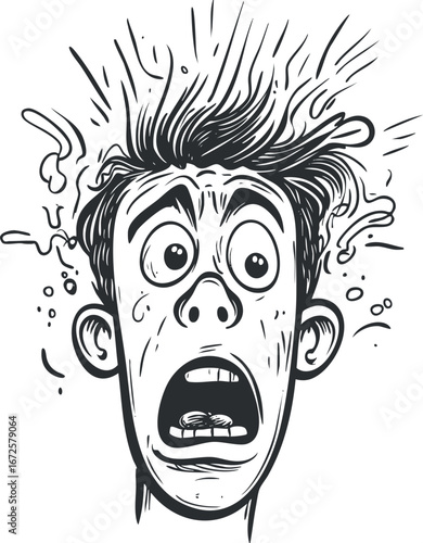 Black and white cartoon illustration of a shocked man with wild hair and wide eyes showing a scared expression