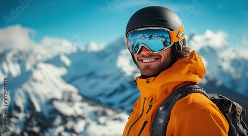 Skiing Enthusiast Smiles Amidst Snowy Mountains on a Bright Winter Day in the...