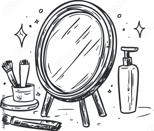 Hand-drawn illustration of a round vanity mirror with makeup brushes and a cosmetic bottle for beauty routine