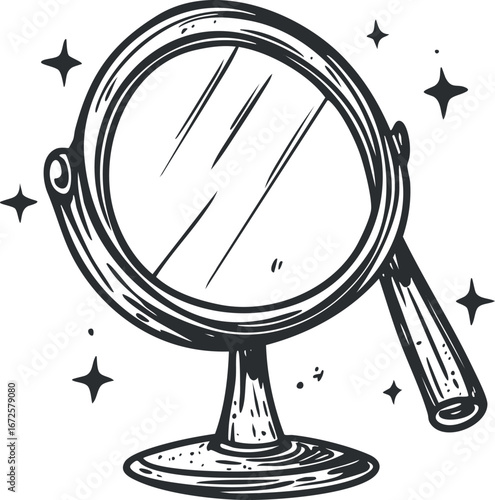 Hand-drawn black and white illustration of a round vanity mirror with handle and sparkles symbolizing cleanliness and shine.