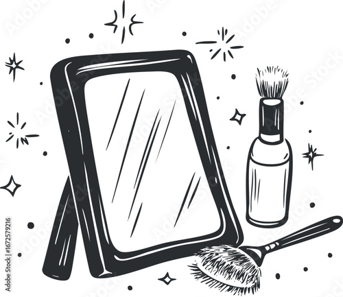 Black and white illustration of a makeup mirror with a powder brush and cosmetic bottle for beauty and grooming