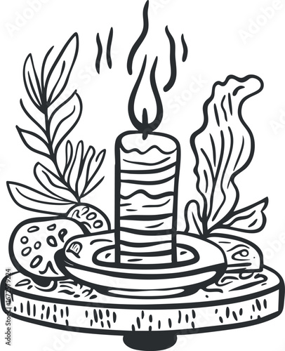Black and white hand-drawn illustration of a burning candle surrounded by leaves and herbs on a wooden plate symbolizing relaxation and natural ambiance