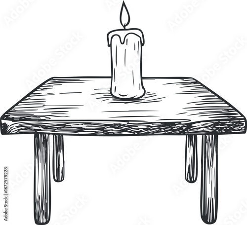 Hand-drawn illustration of a single burning candle placed on a rustic wooden table with visible texture