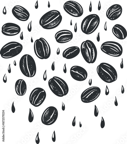 Black and white illustration of coffee beans and drops scattered on a white background for coffee-related designs