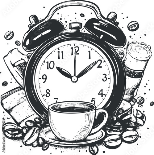 Black and white illustration of a classic alarm clock surrounded by coffee beans and a cup of coffee symbolizing morning routine and wake up time