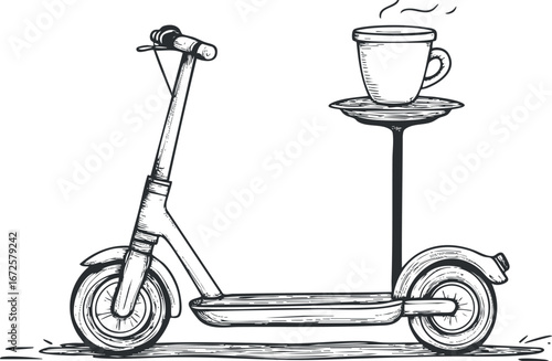 Black and white sketch of a scooter carrying a steaming cup of coffee on a side tray isolated on white background