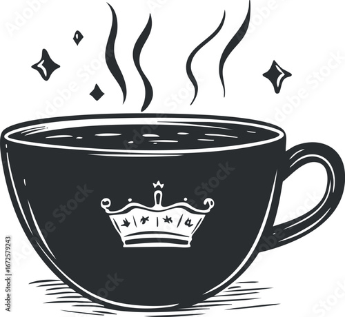 Black and white illustration of a steaming hot coffee cup with a crown design on the front