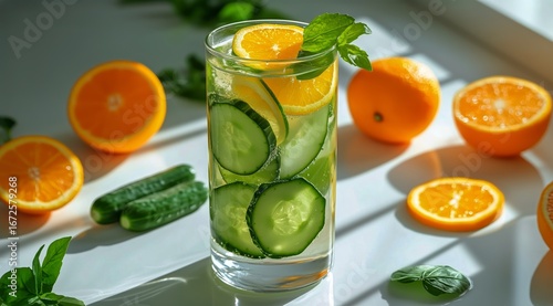 Refreshing Citrus and Cucumber Drink on a Sunny Kitchen Counter With Fresh In...