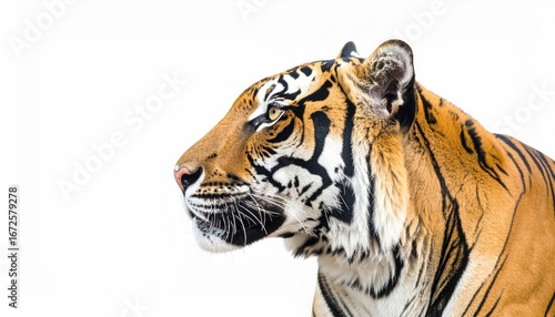 Majestic tiger profile against a bright white background