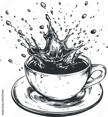 Black and white sketch of coffee splash in a cup with saucer isolated on white background