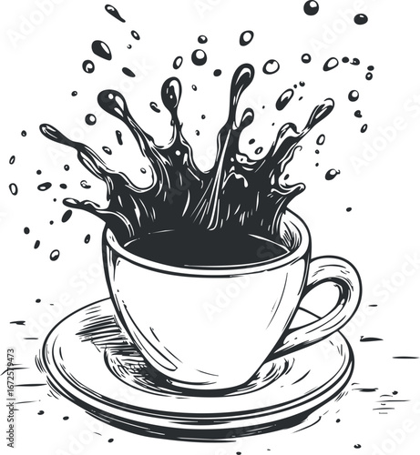 Black and white vector illustration of coffee splash in a cup on a saucer with liquid drops flying