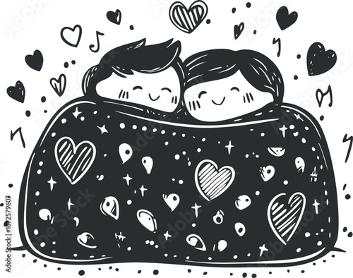 Black and white illustration of a happy couple cuddling under a heart-patterned blanket surrounded by love symbols